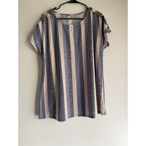 New TruSelf Blouse Women 1X Plus Blue Striped Short Sleeve Round‎ Neck Casual